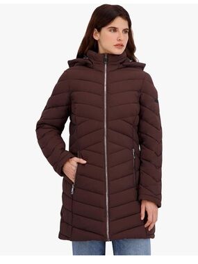 Nautica Women's Hooded Stretch Puffer Coat in Espresso